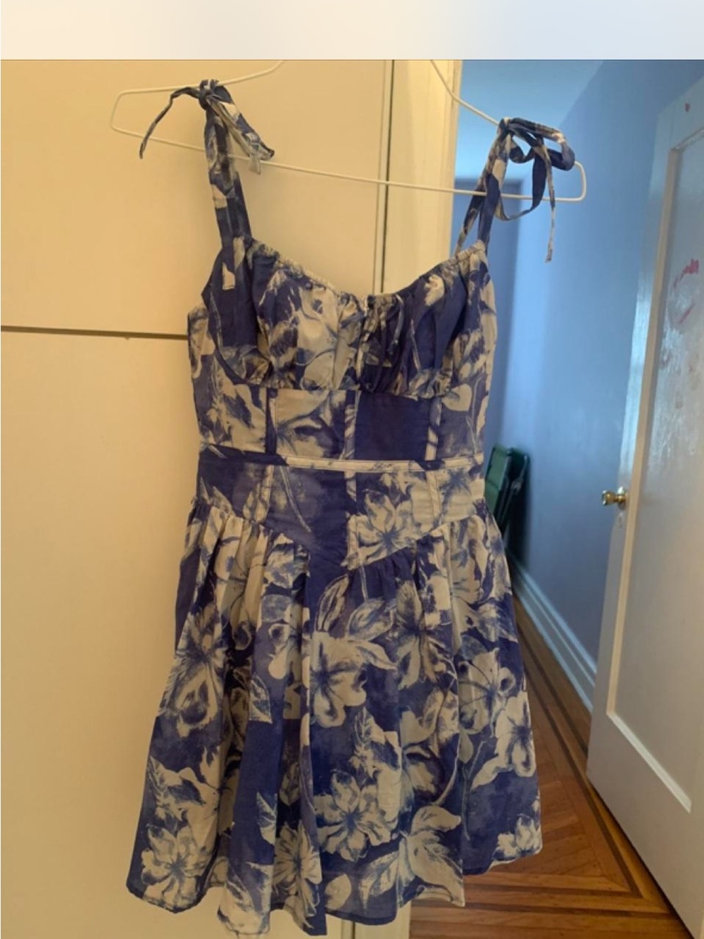 Floral Tie-Shoulder Sundress in Blue and White